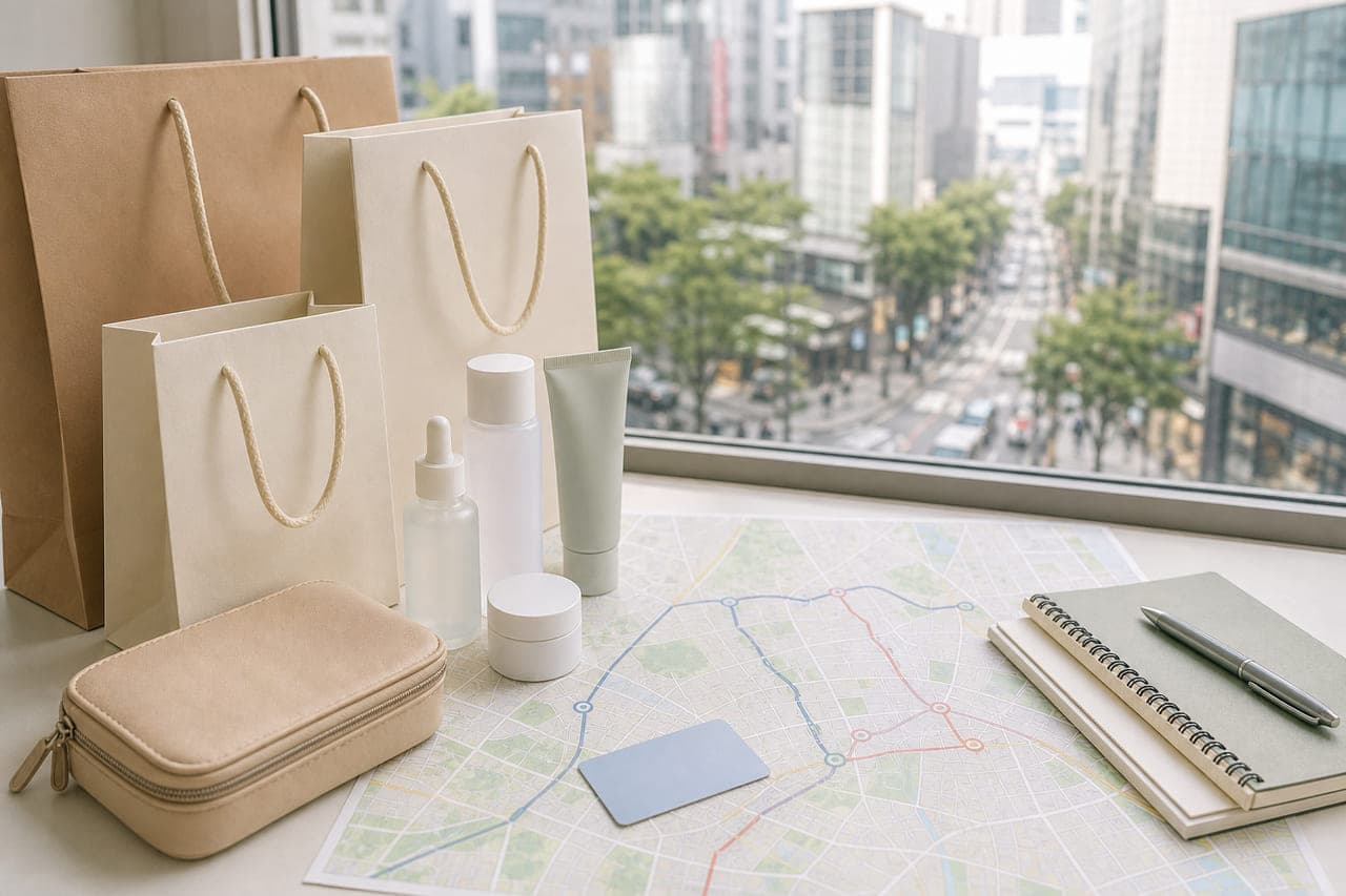 Unbranded K-beauty products beside a Seoul shopping notebook and map