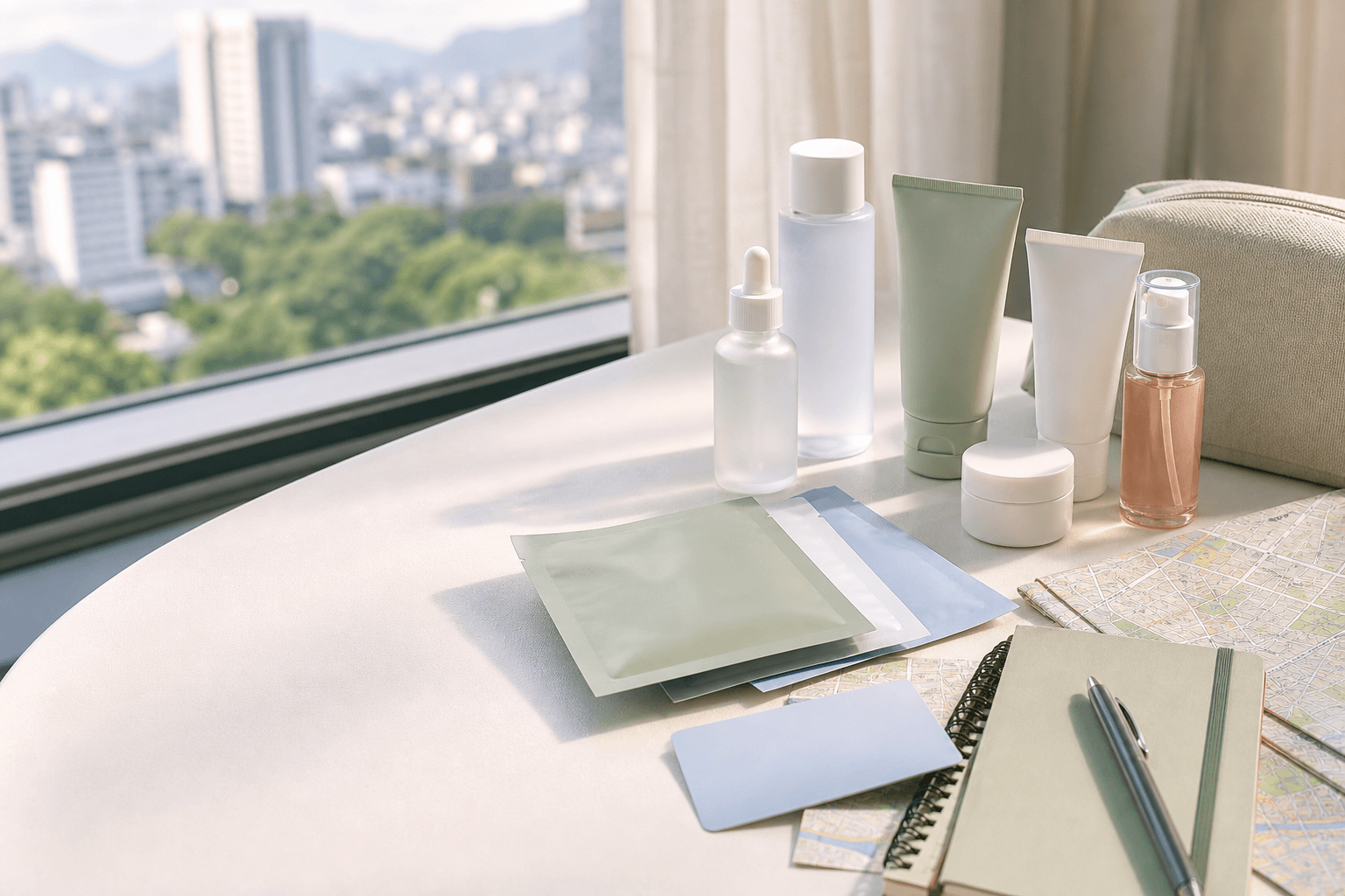 Unbranded K-beauty products and Seoul travel planning items on a bright tabletop